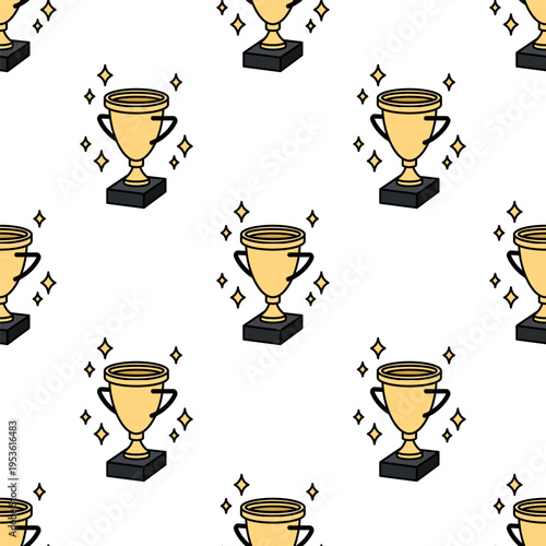 Valedictorian Trophy, Academic Excellence Award, Student of the Year Award, school cup, sport gold prize cup in doodle style seamless pattern for degree ceremony, educational programs design. Vector