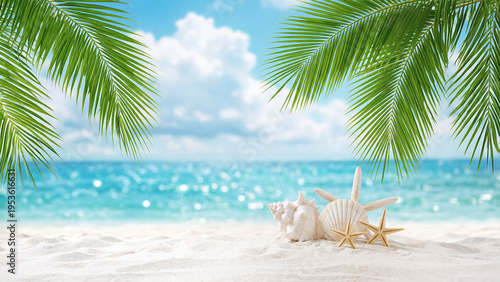 南国ビーチサイドの砂浜にならんだ美しい貝殻とヤシの葉
