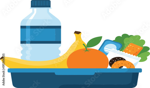 Vector Illustration of a Snack Tray with Bananas, Orange, Water Bottle, Cookies, and Snacks on a Solid White Background