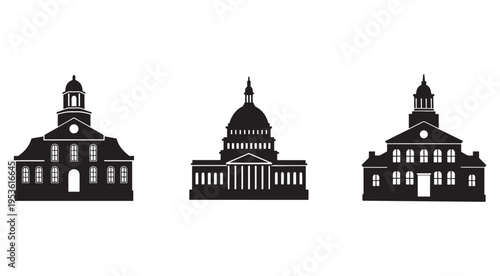 Silhouette icons of three government buildings with domes and towers on white background  architectural symbols for design and educational purposes
