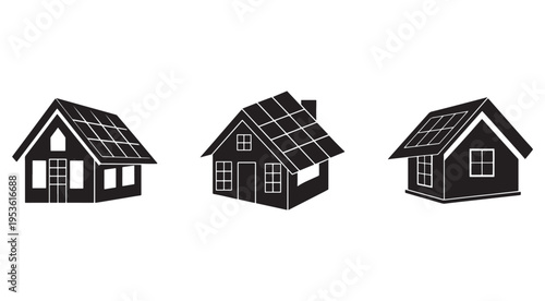 Solar panel house icons with different roof angles and window styles  modern eco friendly homes