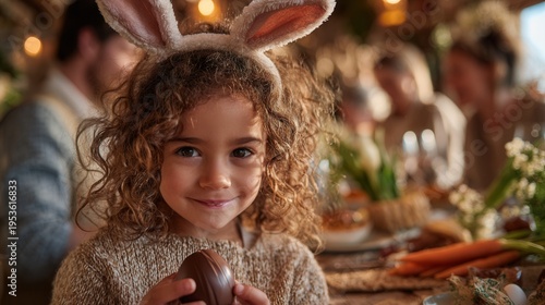 family easter fun with curly girl wearing bunny ears biting chocolate egg, parents smiling in background, warm and festive home atmosphere