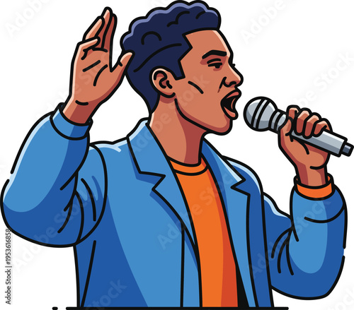 Man Singing Enthusiastically into Microphone.