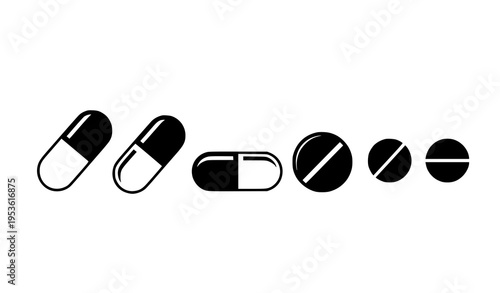 Capsule and pill silhouette icons medical drug vector set