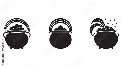 St patricks day cauldron rainbow magic pot gold coins boiling bubbling steam stars  traditional irish symbol luck treasure