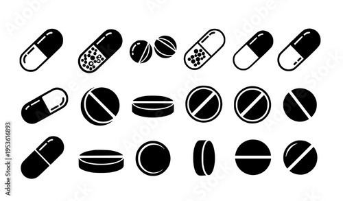 Pills and capsule icons set medical drug symbol vector illustration
