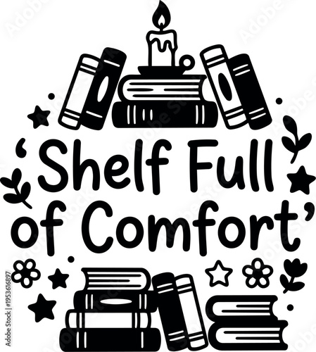 Shelf full of comfort phrase with books candle and stars vector art