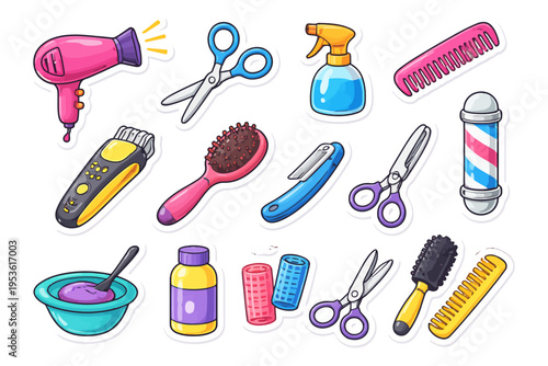 Colorful barber shop tools collection with scissors, hair dryer, comb, razor, and spray bottle.