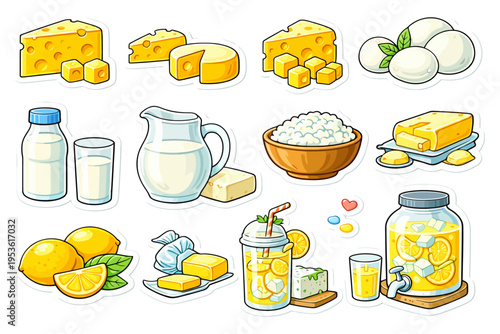 Assorted dairy products and lemon beverages with cheese and eggs.