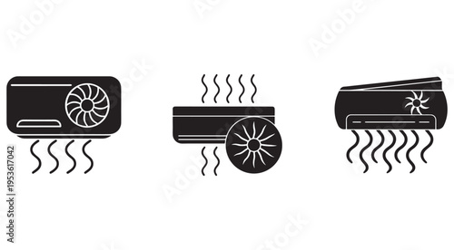 Three air conditioner icons with heat waves  ventilation systems  cooling devices  heating and cooling technology