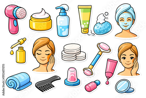 Skincare and beauty routine elements with female character illustrations.