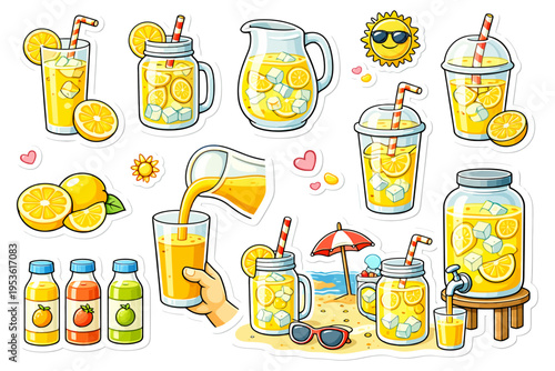Summer lemonade cartoon stickers with refreshing drinks and tropical elements.