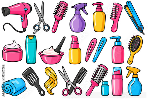 Colorful hair styling tools and accessories set.