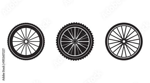 Three bicycle wheels with different tread patterns and spokes on white background  bike wheels