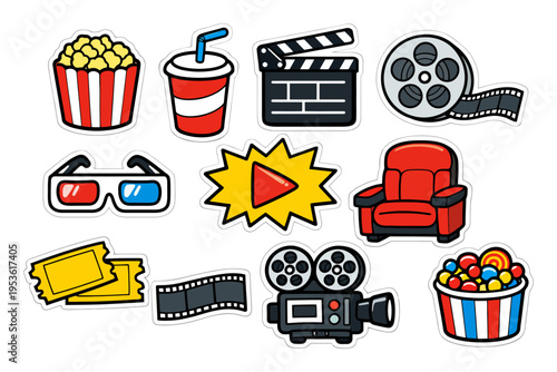 Colorful movie night icons with popcorn, film reel, and red lounge chair.