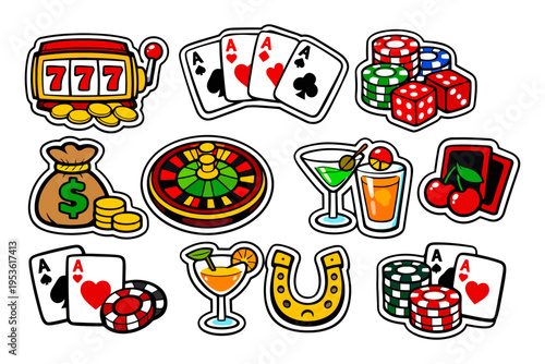 Colorful casino elements with slot machine, playing cards, roulette, and dice.