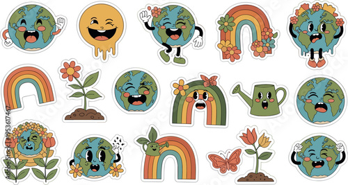 Set of cute earth planet characters with rainbow, plants, flowers and eco friendly nature elements in colorful cartoon style