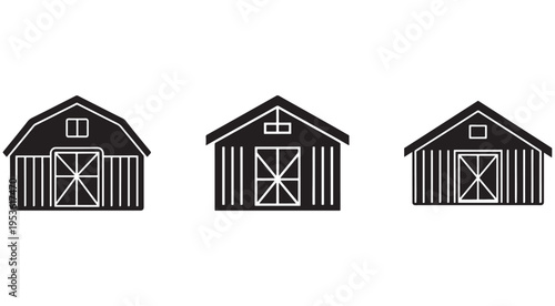 Three black and white barn icons in different styles with doors and windows  simple farm buildings