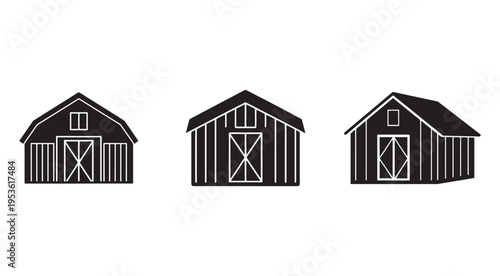 Three black and white barn silhouettes with white outlines  rural farm buildings with gable roofs and doors