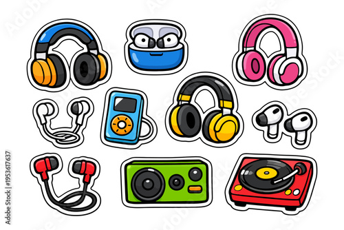 Colorful assortment of cartoon headphones and audio devices.