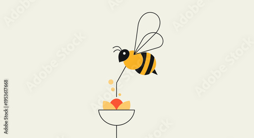 Bee flying over a honey bowl.