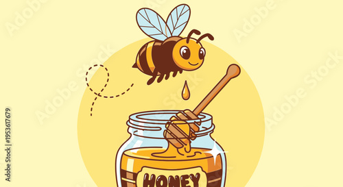 Bee collecting honey from a jar.