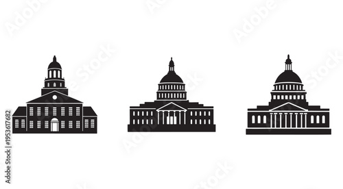 Three black and white silhouettes of government buildings with domes and columns  iconic architectural structures