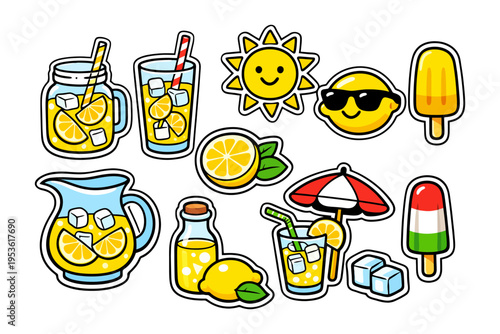Cartoon summer lemonade and ice cream illustrations with sun and beach elements.