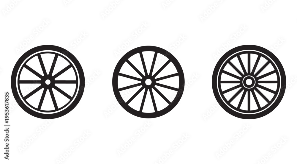 Fototapeta premium Three black and white wagon wheel icons in different angles isolated on transparent background