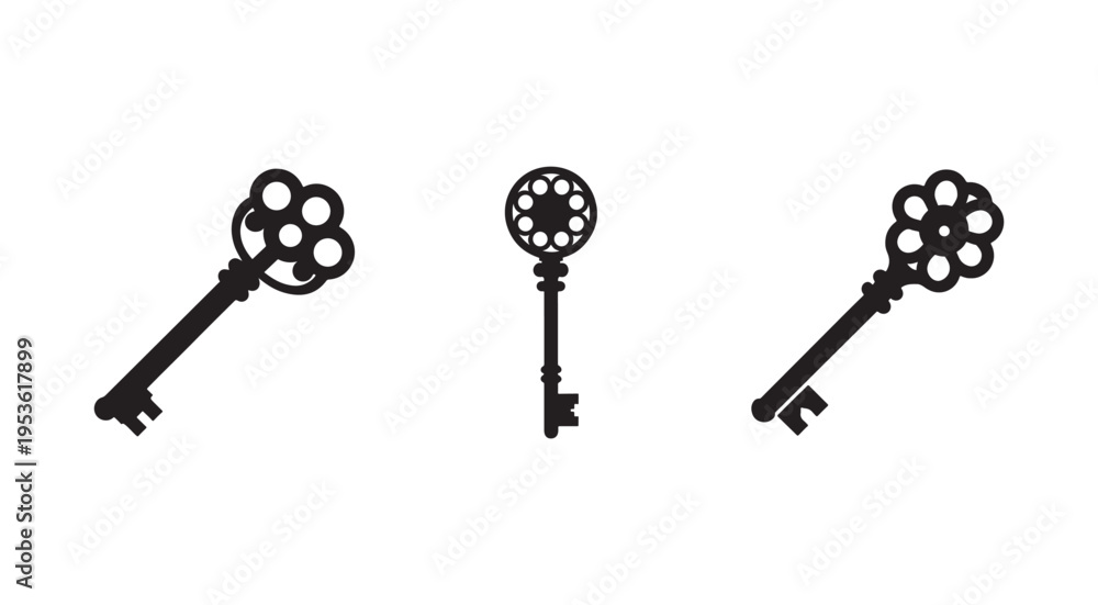 Obraz premium Three black antique keys with decorative floral heads and circular holes isolated on white background