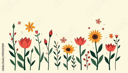 A vibrant, minimalist illustration of tulips and buds. Ideal for springtime marketing, website backgrounds, or botanical themed designs. Evokes a feel