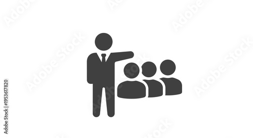 Businessman presenting to audience icons.