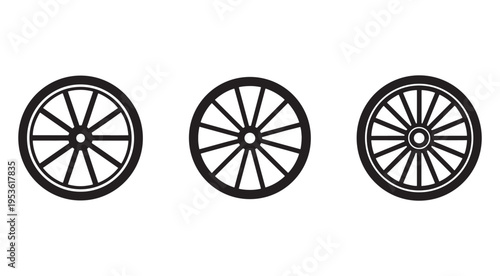 Three black and white wagon wheel icons in different angles  isolated on transparent background
