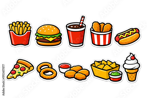Illustration of popular fast food items: burgers, fries, pizza, soda, ice cream.