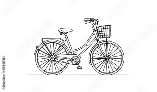 A minimalist line art illustration of a bicycle with a basket