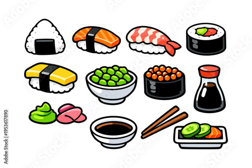 Japanese sushi variety: nigiri, maki, onigiri with wasabi, soy sauce, and chopsticks.