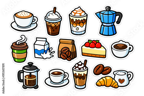Coffee and dessert stickers featuring beverages, cups, and sweets.