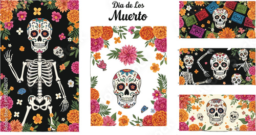 PrintVector illustration set for Dia de Los Muertos featuring colorful sugar skulls, vibrant flowers, and skeletons with traditional Mexican elements