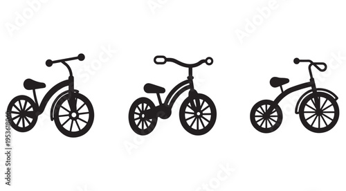 Three black bicycle silhouettes in different positions on white background  simple bike icons