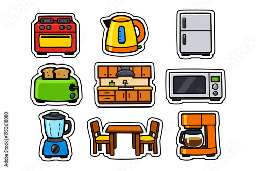 Colorful kitchen appliance set illustration with toaster, kettle, and fridge.