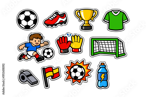 Cartoon soccer elements with soccer ball, trophy, and young boy playing.