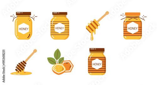 Honey jars and honey dipper sticks.