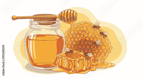 Honeycomb with bees and honey jar.