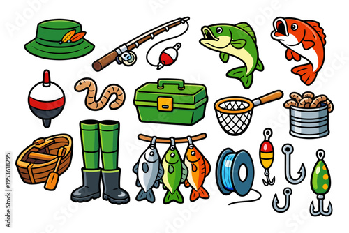 Colorful fishing equipment and freshwater fish collection illustration.