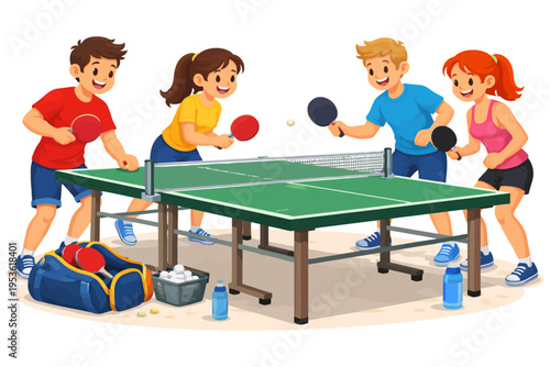 Young adults playing table tennis happily with friends on an indoor court.