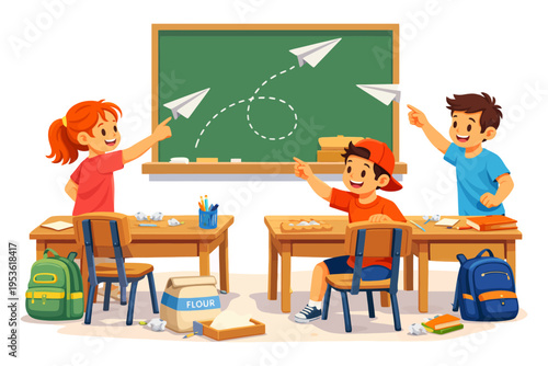 Children playing with paper airplanes in classroom, caucasian, young.