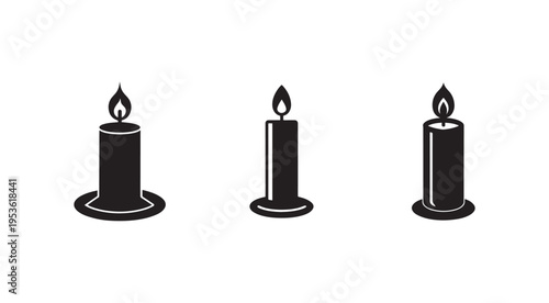 Three black burning candles with flames on top  simple icons  isolated on white background