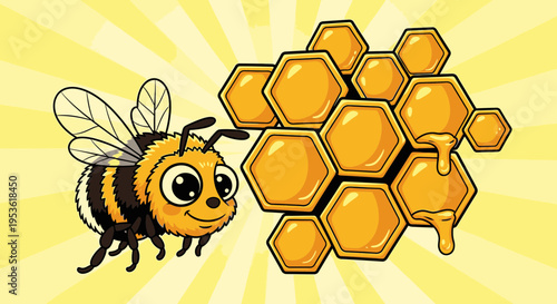 Smiling bee next to honeycomb cells.