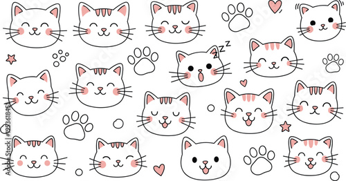 Set of cute kawaii cat faces with different expressions, paw prints and doodle elements in soft pastel cartoon vector style
