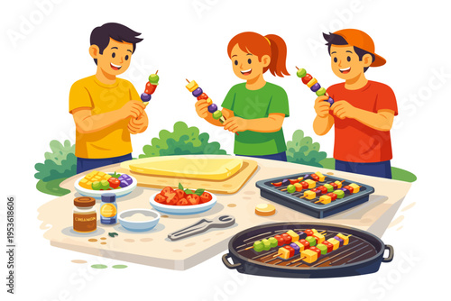 Young asian friends grilling vegetable skewers outdoors with smiles and laughter.